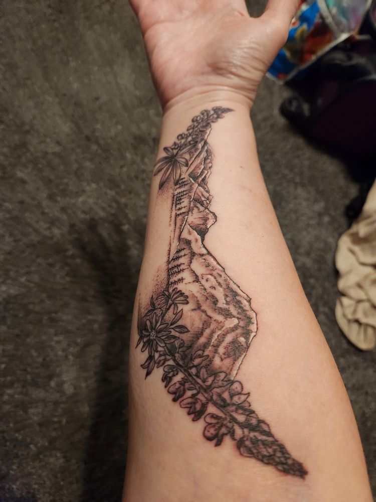 A white person's arm. There is a tattoo on their right forearm of Mount Rainier and the Cascade Mountains bordered by mountain wild flowers