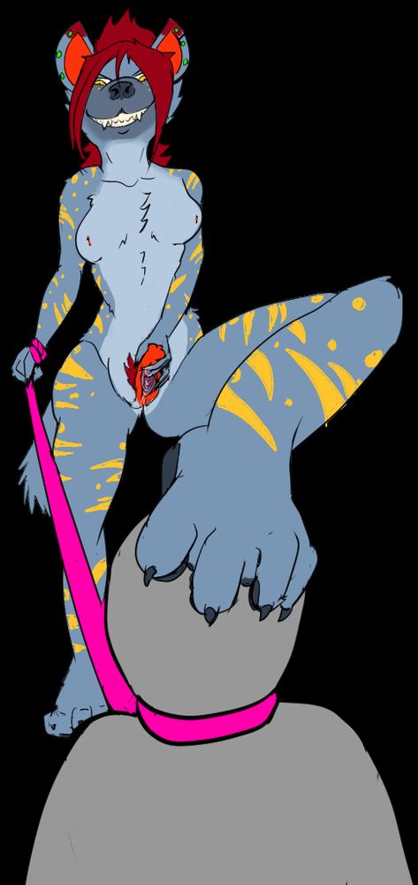 A powerful and prideful spotted hyena has her leg up on someone's head while she tugs on a leash to pull them in for servicing.