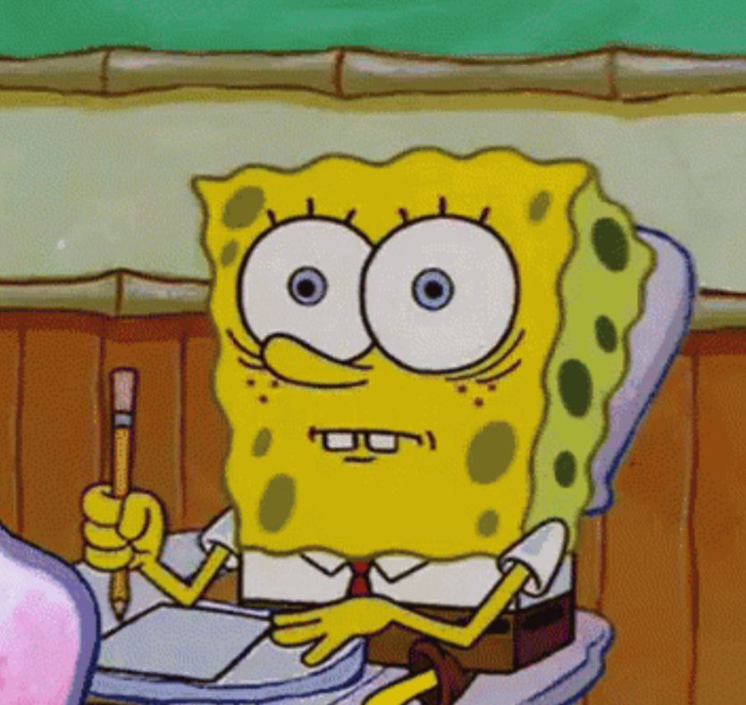 spongebob with a scared/anxious expression holding a pencil awkwardly