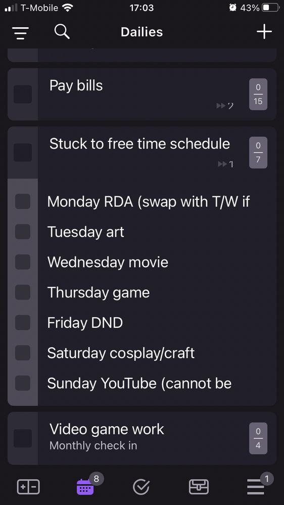 Screenshot of Habitica app that shows a daily schedule of free time activities, such as “art”, “game” and “cosplay or craft”