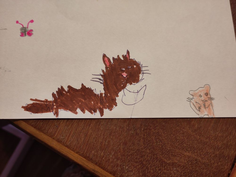 Dessin d'un chat hirsute brun et d'une petite souris aux oreilles rondes, qui ressemble fermement à un petit hamster joufflu