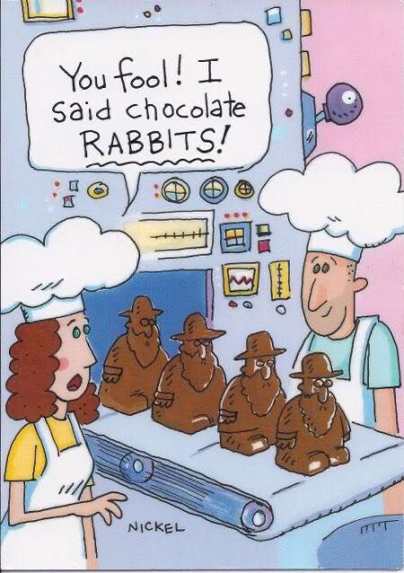 A cartoon of two chefs standing next to a conveyer belt of chocolate rabbis. The caption reads: “You fool! I said chocolate rabbits.”