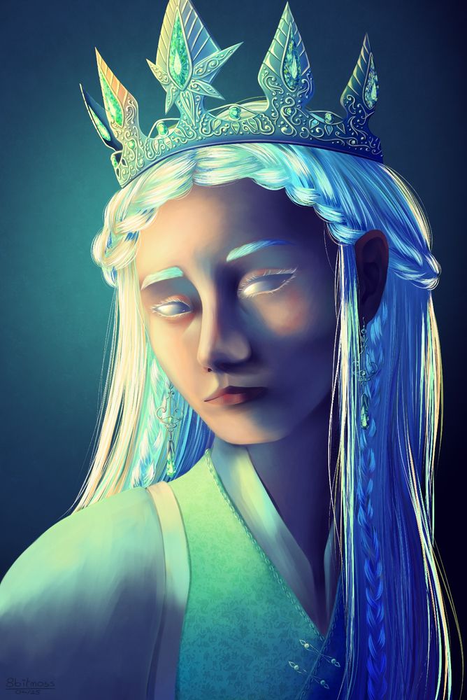 Portrait illustration in a semi-realistic lineless style of a white haired woman with blank white eyes. She is wearing an ornate crown and her head is turned sideways, facing towards the left of the viewer. The shadows of the image are in cool green and blue tones while a strong light source is shining from the left in a pale yellow tone, illuminating the left side of the woman.
