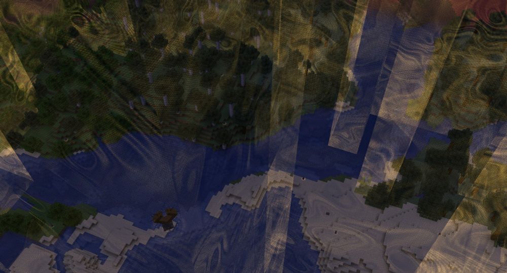 A screenshot sent by Arathain of a distant, vertical view of a Minecraft birch forest biome with golden, vertical borders from charter stones (the ubiquitous, pillar-shaped stones) dotting most of the landscape, some being expanded by what may be waystones (distinctly wider than regular charter stones) alongside a great charter stone in the bottom-left quadrant of the image.