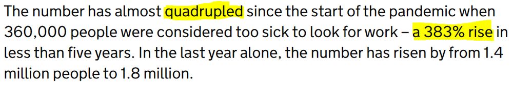Image of Government press release stating a "383% rise in less than five years" in the number of people considered too sick to look for work.