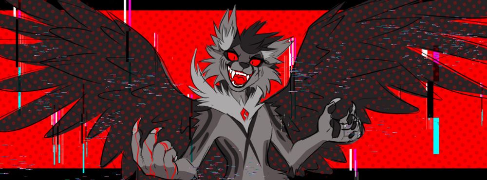 Long horizontal canvas with my fursona at the center. King cheetah anthro with large wings that take up the majority of the canvas. They look at the viewer with a menacing look, both arms up with one hand having a light amount of blood running down from their claws. A glitchy effect was added over the entire canvas