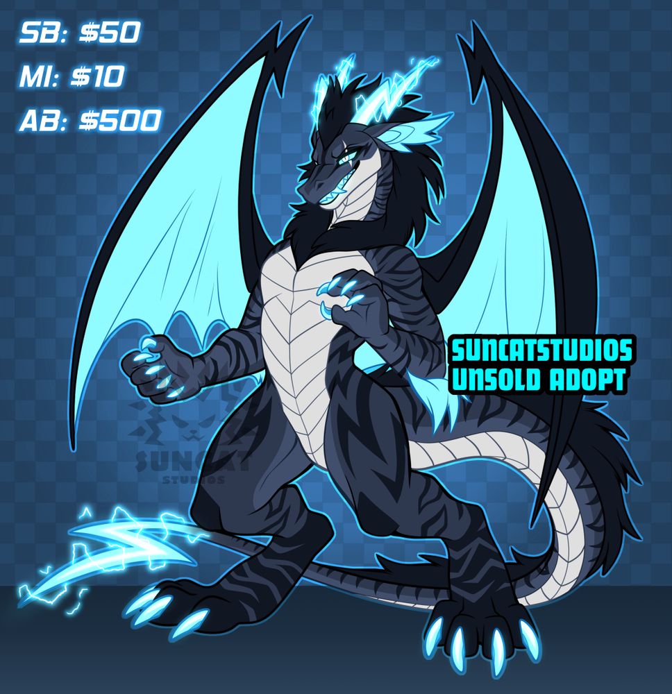 A new adoptable design! This adopt features a large, charcoal-colored dragon, complete with lighting-shaped horns/tail and large wings. Belly scales are an ivory color, and stretch down to the tip of the tail. A darker colored mane stretches from the head to tail. Character has blue teeth and claws, with a scar going down it's left eye. (Gotta have some edgy-factor!) The horns and tail glow with electricity. 