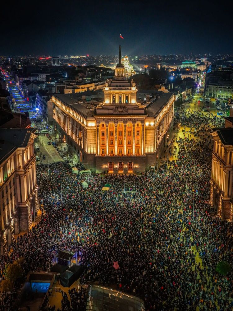 Bird's eye view of people protesting against the government's plans for the 2026 budget in central Sofia, Bulgaria.