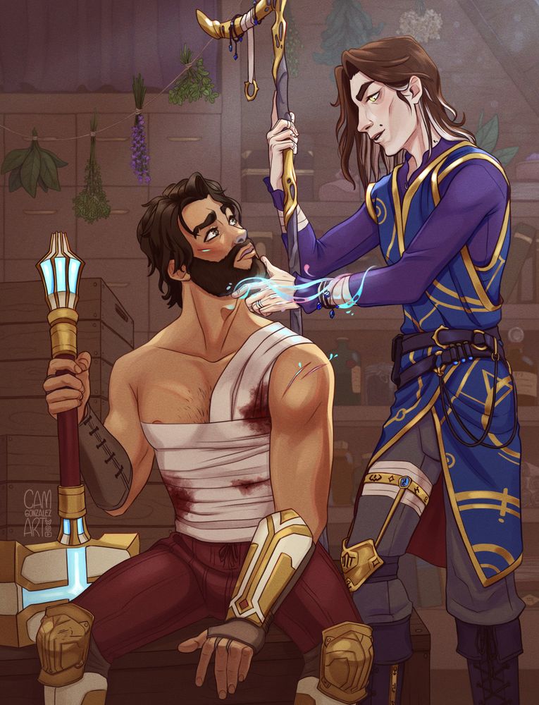 An illustration of Jayce and Viktor from Arcane, re-imagined as an off-duty knight and a healing mage respectively. Jayce's bare torso is wrapped in lightly bloodied bandages and he sits on a wooden crate, holding his glowing red-gold-and-white hammer. Viktor turns his head towards him with his tattooed hand. He's spilling anomalous magic which also glows in the knight's wounds, even as he leans against his staff, blue and purple robes with gold patters criss-cross over his form. Bottles, books, and dried herbs fill the shelves behind them and they're lit by dusty light coming in from a high window and by Viktor's magic.