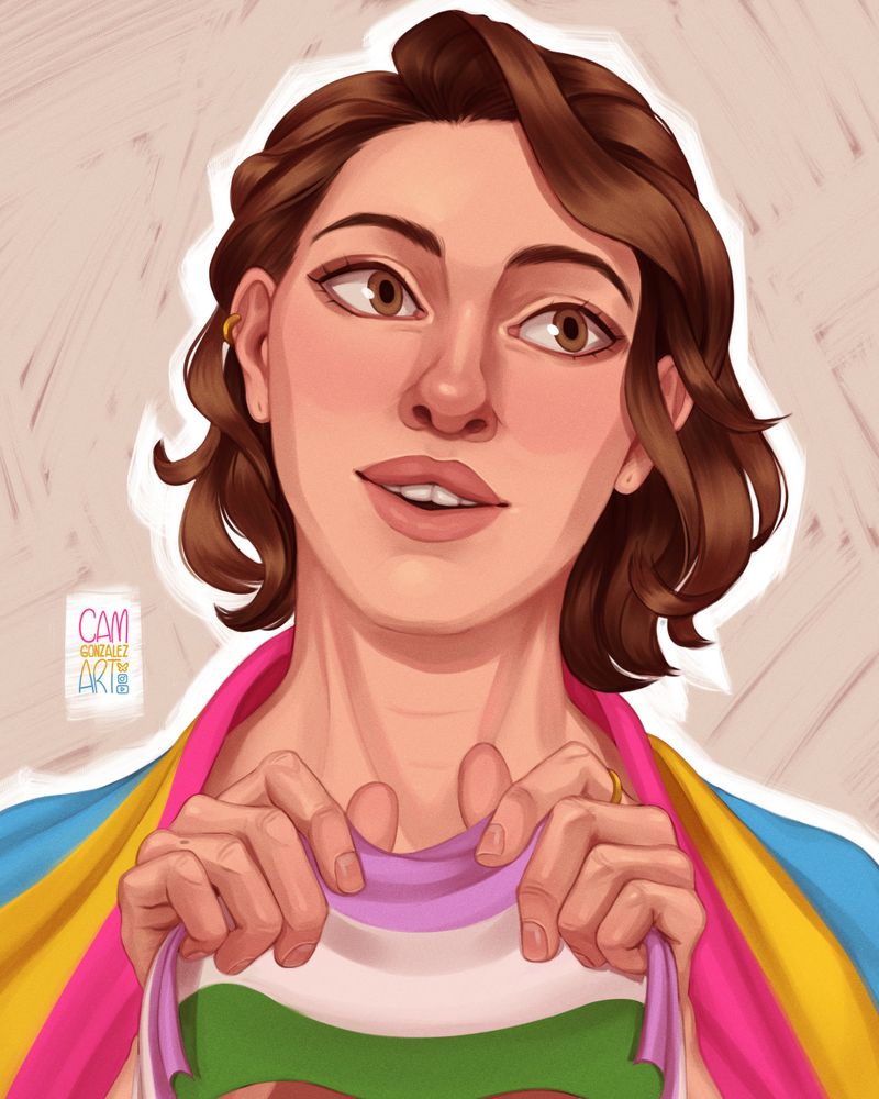An illustrated self-portrait of the artist (medium pale skin, big eyes and lips with a round nose, wavy bob hair) draped in the pan-sexual flag, shyly holding up a small gender-queer flag as they glance shyly off-screen. 