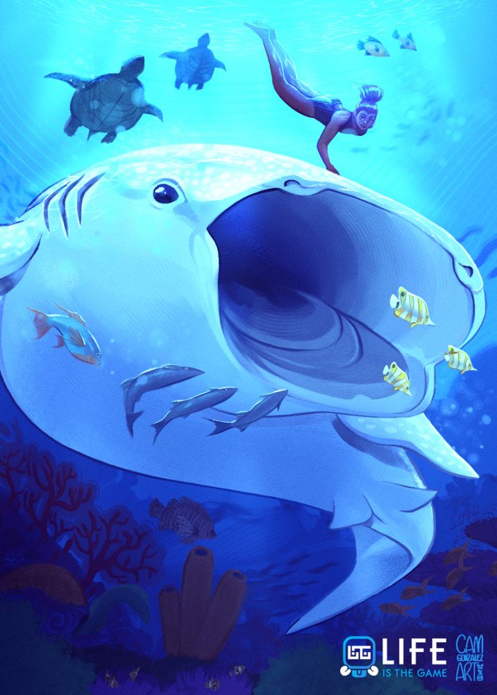 A watermarked illustration of an albino whale shark and a diver girl petting it from above. They're surrounded by fish and turtles as they swim through a coral reef. The watermark reads 