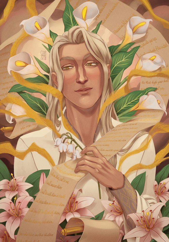 A non-traditional, digital illustration of the archangel Gabriel. They have long, pale hair and is robed in white, grey, and gold. They look beatifically off camera as they’re surrounded by several types of lily and and unfurled scroll over a background of clouds. Golden light shines in their eyes.