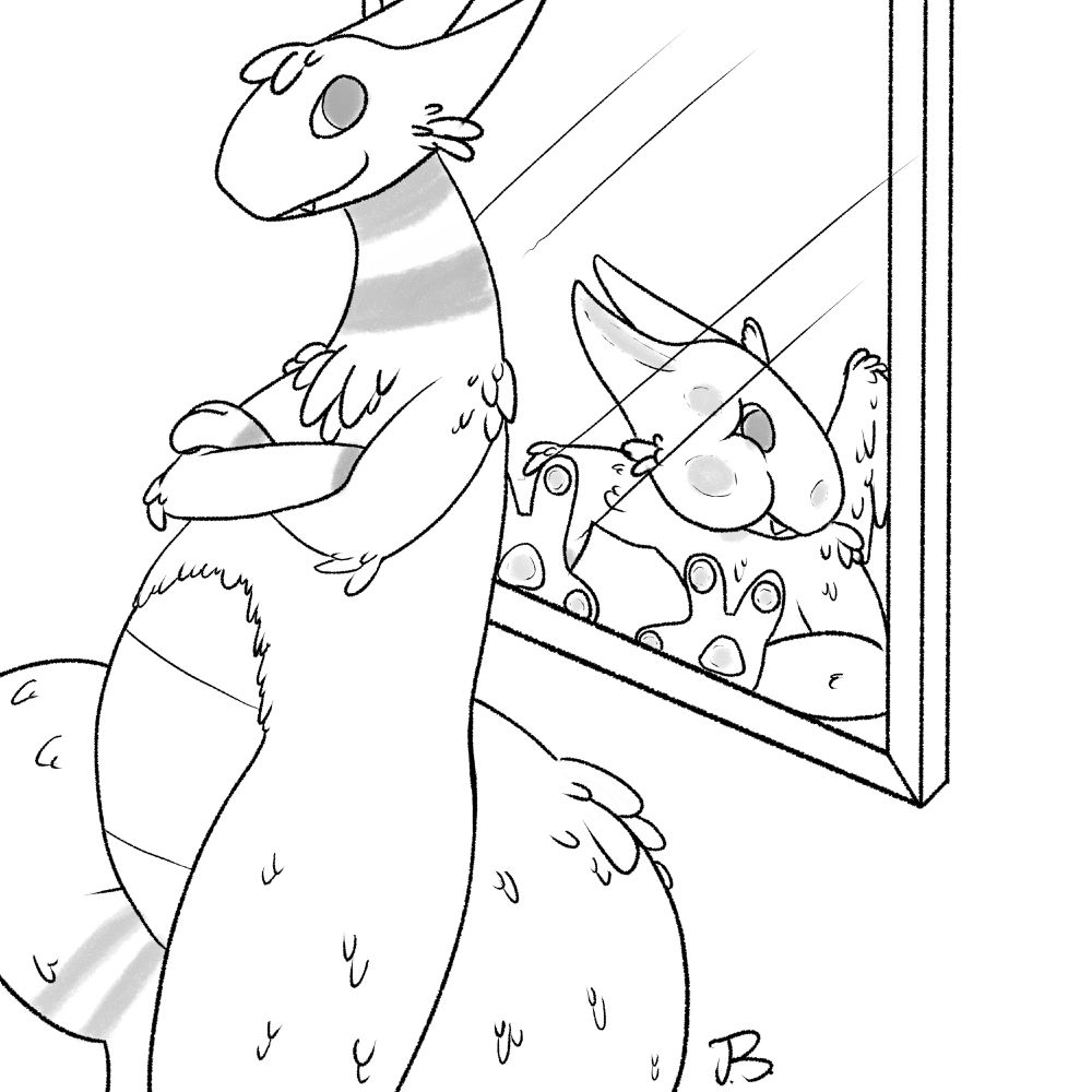 black and white sketch of an antrho dragon shapeshifter leaning against a mirror. Their mirrored reflection has their face and hands pressed upagainst the glass