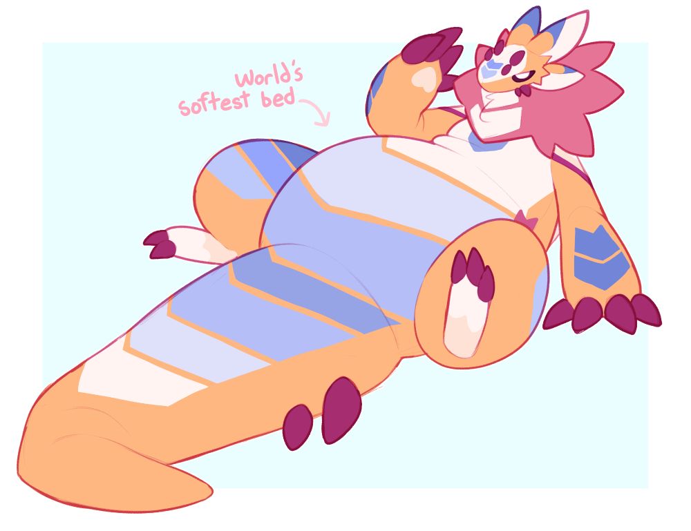 a sketch of stratus as a large plush, sitting up on its back propped up by one arm.