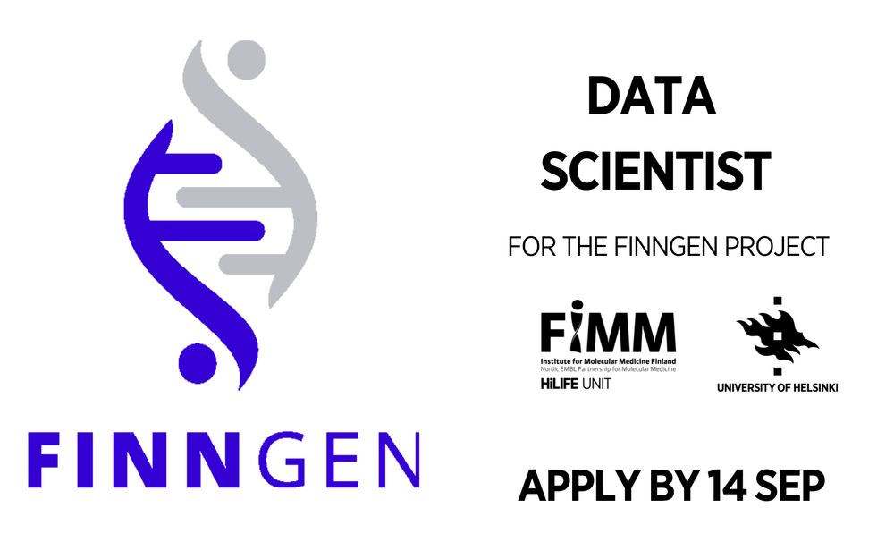 Recruitment banner for a Data Scientist position for the FinnGen project. Left: Large FinnGen logo. Right: Black text reads ‘DATA SCIENTIST for the FinnGen project.’ Below are the logos of FIMM and University of Helsinki. Bold black text at the bottom reads ‘APPLY BY 14 SEP.