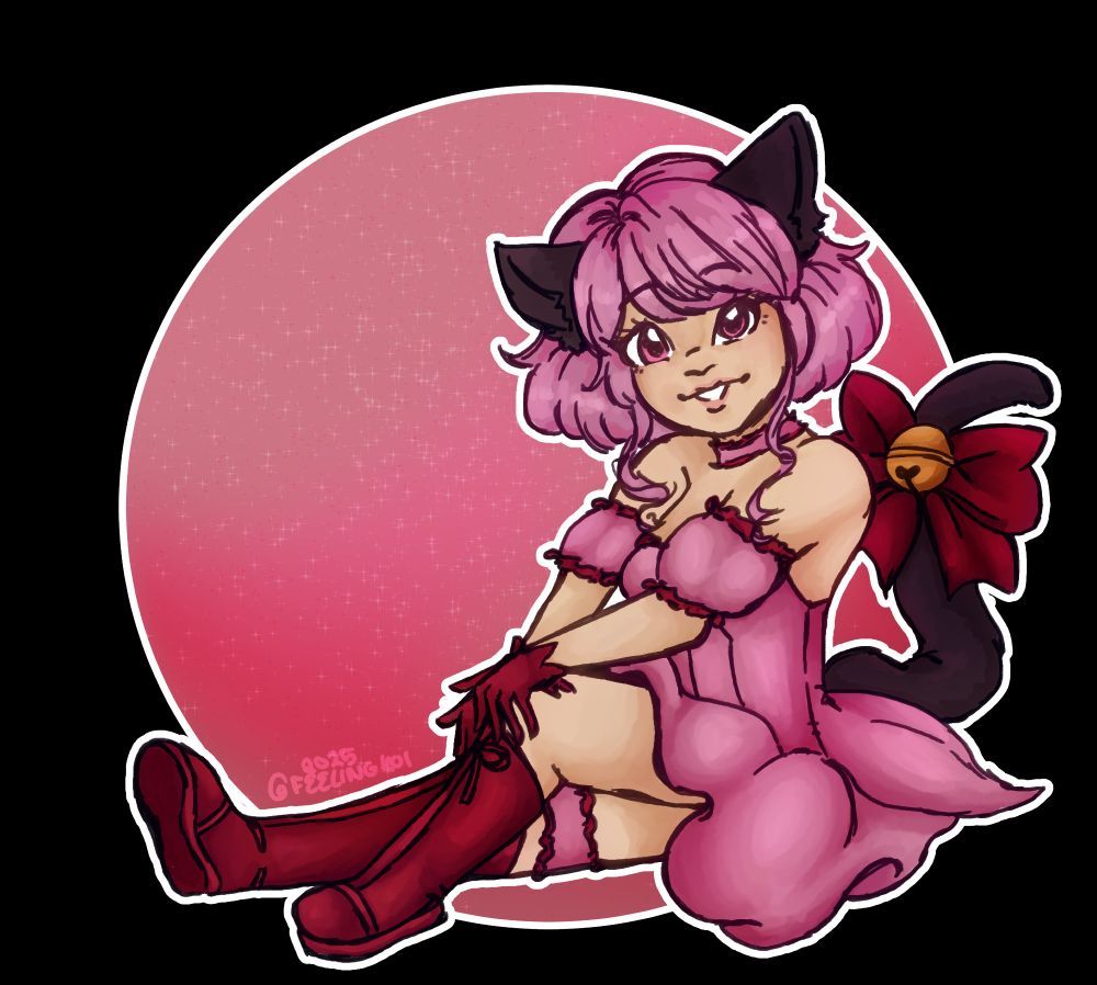 Digital Drawing of Mew Mew Ichigo from Tokyo Mew Mew sitting down infront of a circle of pink