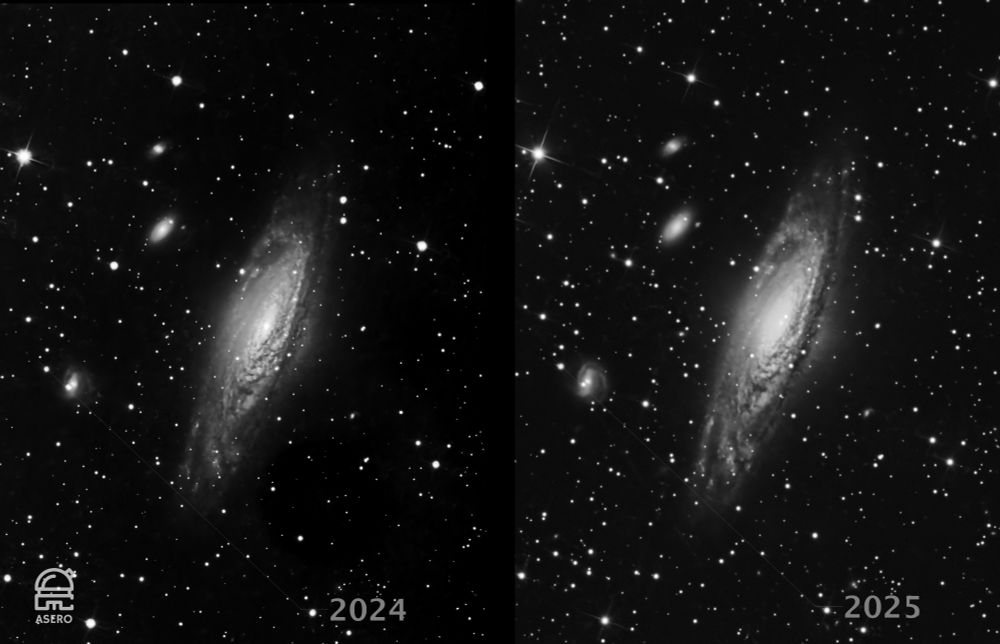 A comparison of two images of NGC7331, an unbarred spiral galaxy in Pegasus.  Both images are luminance only, with 2024 being 22 x 300s in L and 2025 being 10 x 180s in L, so as not to blow out the core.

The supernova is clearly visible at about 2 o'clock from the galaxy centre in the 2025 image.  