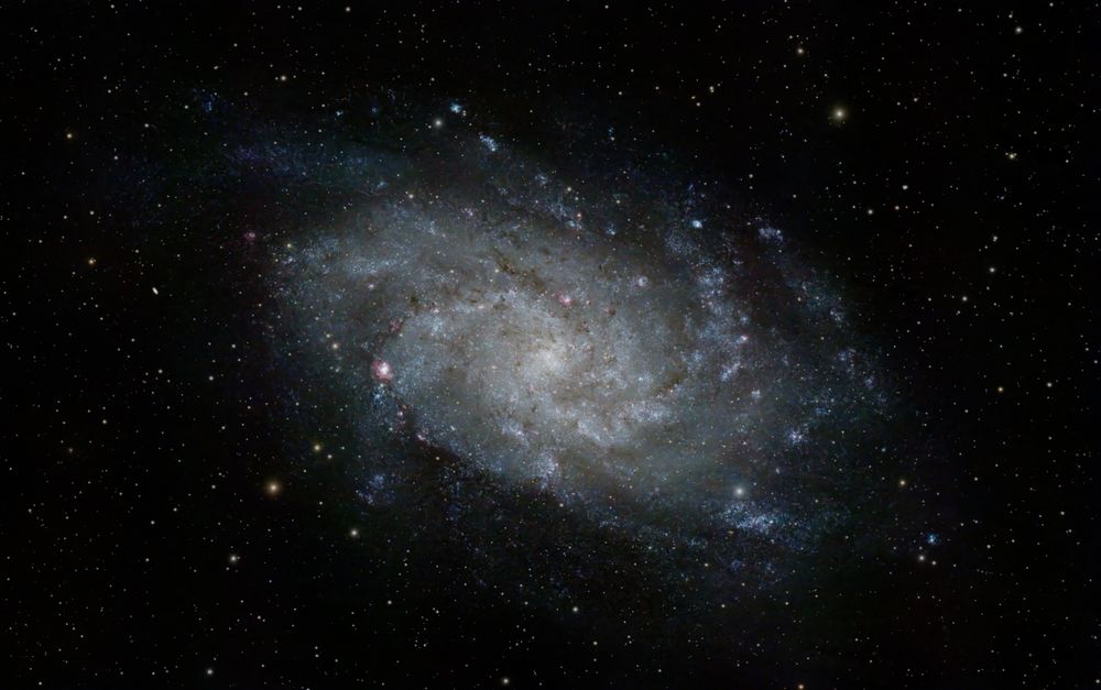 The Triangulum Galaxy is approximately 2.8 million light years away.  A spiral galaxy with hydrogen alpha regions and numerous blue young stars.  
