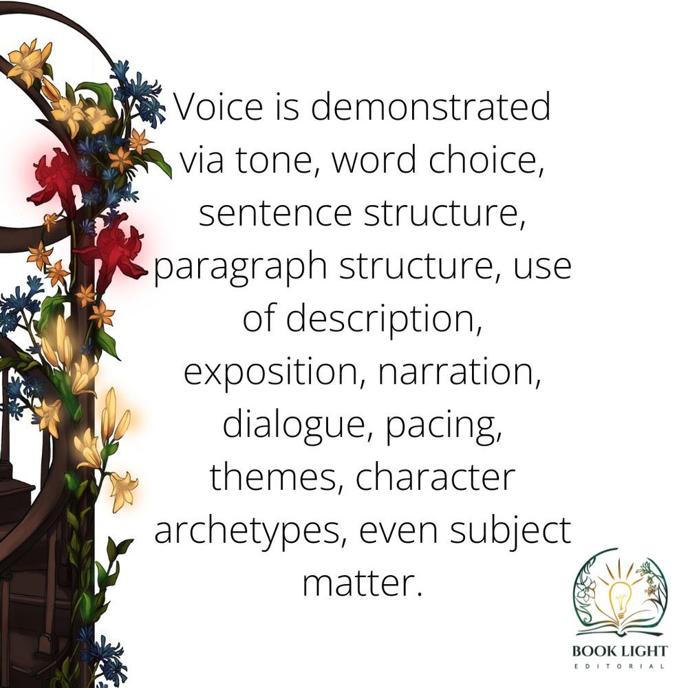 Solid white background. On the left side of the graphic is a staircase with red, gold, and blue flowers wrapped around it. The main text says, “Voice is demonstrated via tone, word choice, sentence structure, paragraph structure, use of description, exposition, narration, dialogue, pacing, themes, character archetypes, even subject matter. ” The company logo is on the bottom right corner, it's a lightbulb standing on top of an open book.  