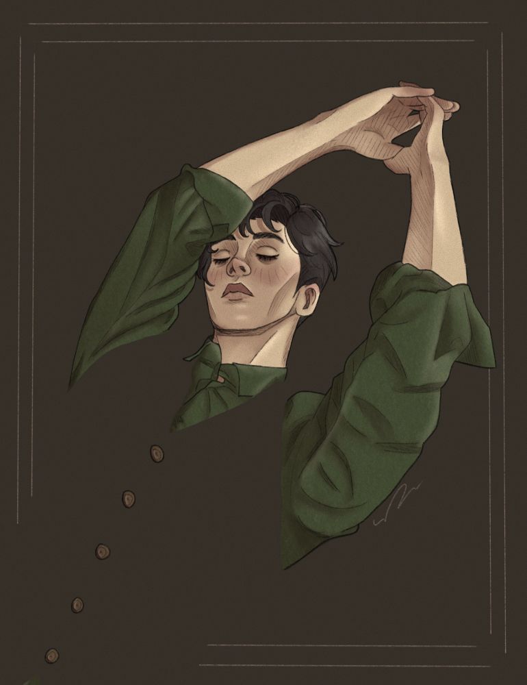 A drawing of my design of Victor Frankenstein. He is a young man with black hair and wearing a green shirt. He's in a lying down position, arms over his head and his eyes closed as he has fainted. His sleeves and vest buttons are detailed but his vest is hinted at and not drawn.