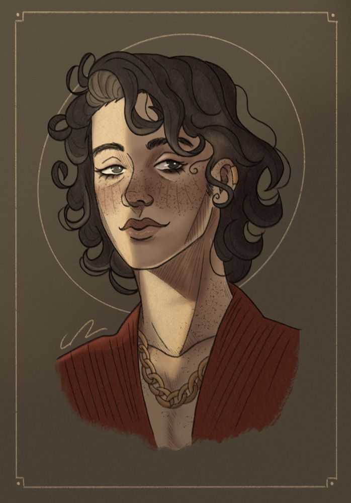 A bust of my OC King. The lighting has one bright line going down the left side of his face and onto his neck. He's wearing a red shirt with a golden chain necklace.