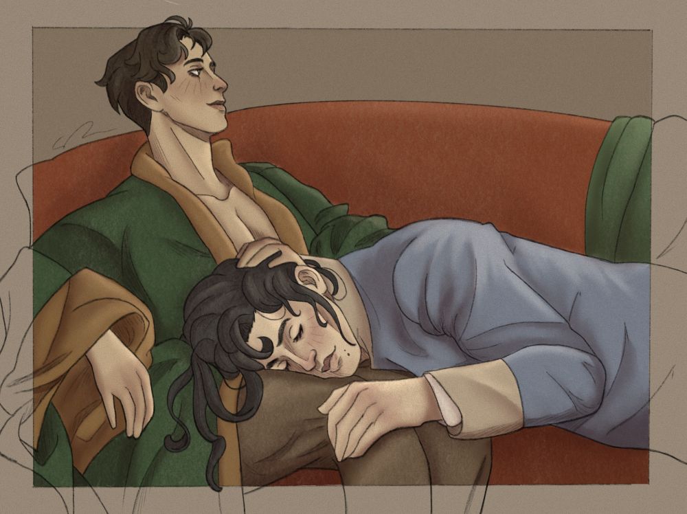Two men resting together on a couch. A brunette one whose name is Evander is wearing a green and yellow sleeping robe, sitting up looking to the right while a black haired one named Vaughn is wearing a blue and tan sleeping robe, laying on his lap holding his legs.