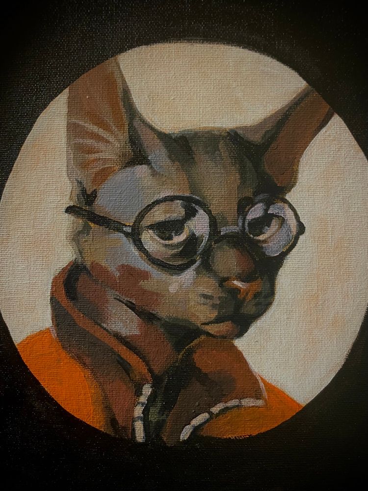 A painting using mostly warm colors of a dark grey cat resembling the in-game character portrait of Lt. Kim Kitsuragi (wearing his glasses and bomber jacket) from the video game “Disco Elysium”