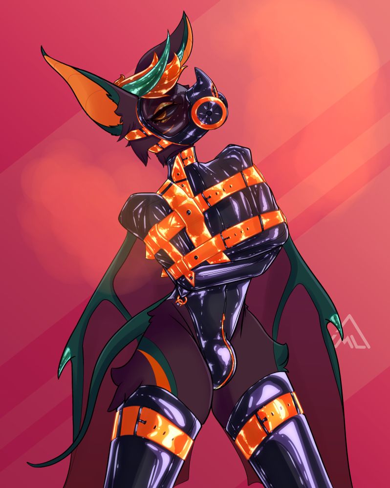 Bat bound in straitjacket and gas mask. Made by Elemele