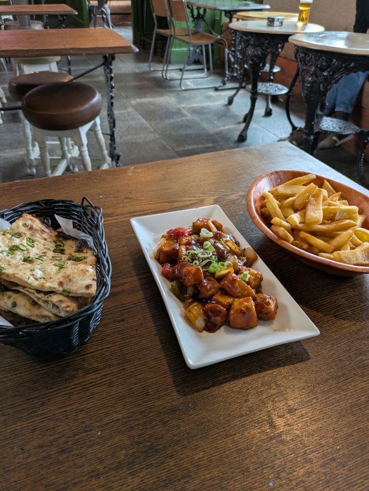 My Desi curry. Naan, curry, chips