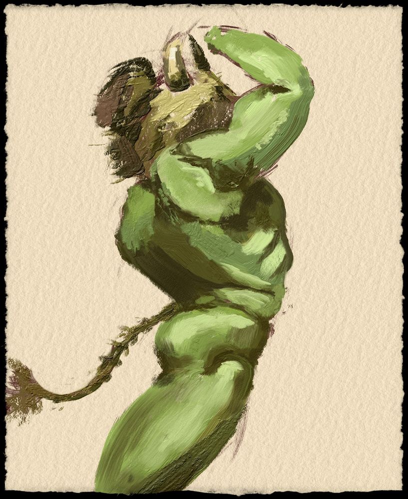 digital oil on paper speedpaint of a nude mixed orc bull