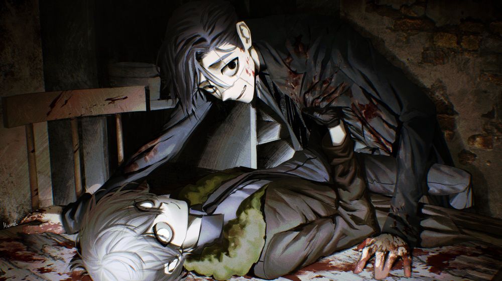 two original characters over a table under the focus of a flashlight.