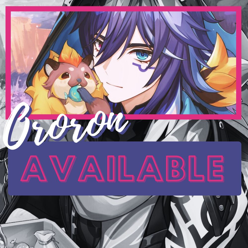 This is an image of the character Ororon from Genshin Impact. He is smiling gently, feeding a capybara treats over his shoulder. A large "available" sign sits in the center of the image.