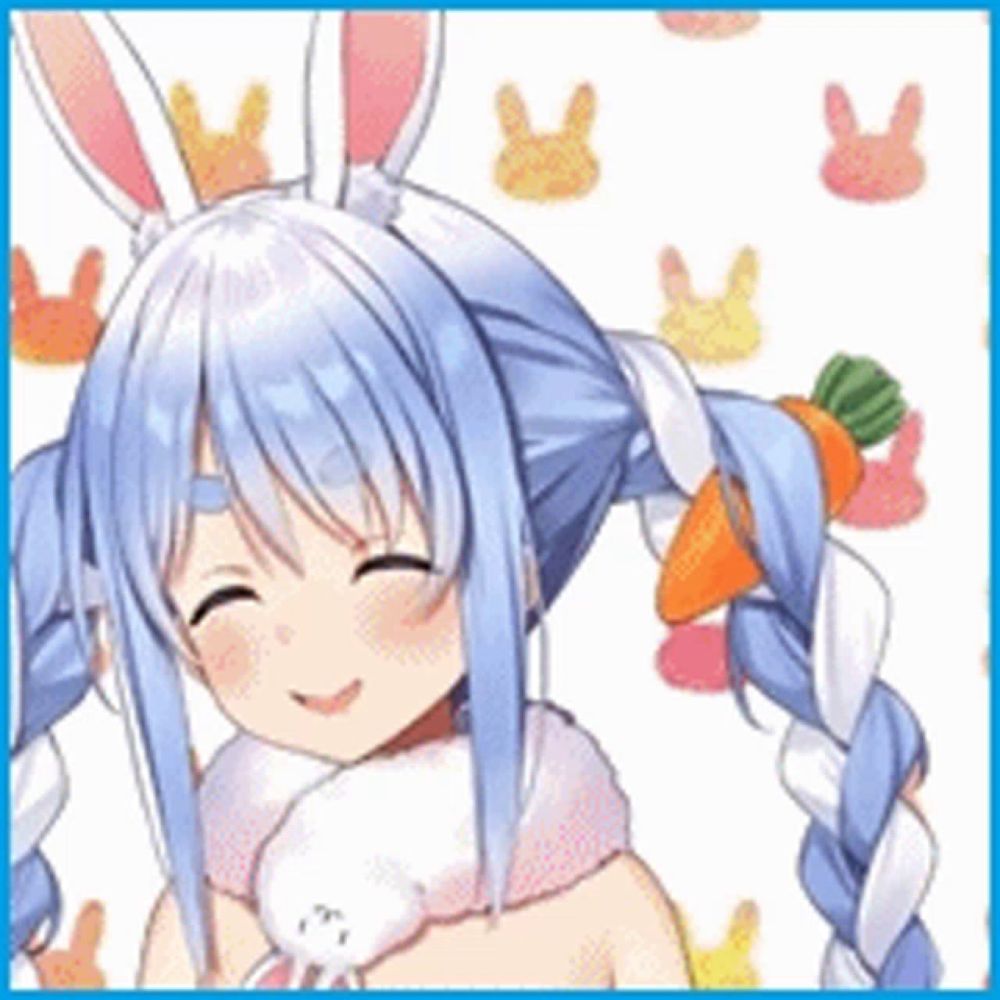 a girl with blue hair and bunny ears is holding a carrot in her hair .