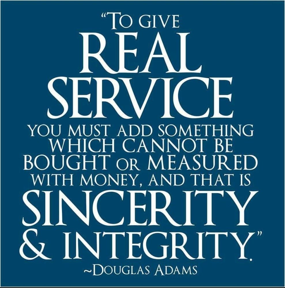 White type on a blue background of a Douglas Adams quote that reads:
To give real service, you must add something which cannot be bought or measured with money, and that is sincerity and integrity.