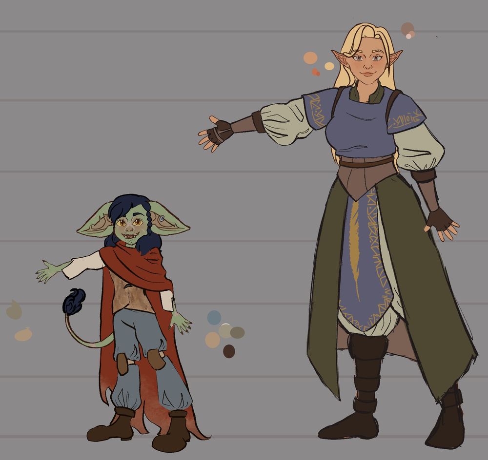 A goblin man (left) and half-elf woman (right) stand posed with their left leg and right arm extended, to show their clothing designs. The goblin wears a large, distressed red cape over adventuring clothes in shades of brown, beige, and gray. The woman wears an open-front green dress over cream bloomers, with a blue overshirt with gold detailing.