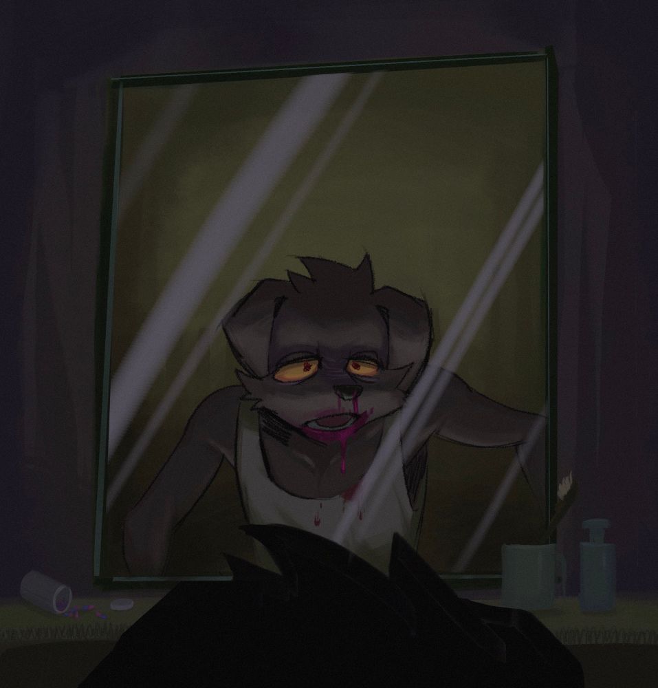 Sickly anthro dog in a dimly lit room bleeding from the nose in front of a mirror