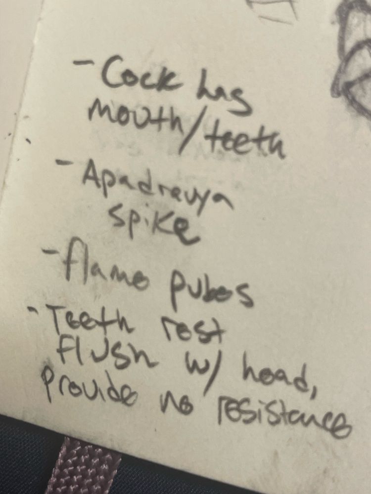 Notes on the drawing, read:
-Cock has mouth/teeth
-Apadravya spike
-Flame pubes
-Teeth rest flush w/ head, provide no resistance