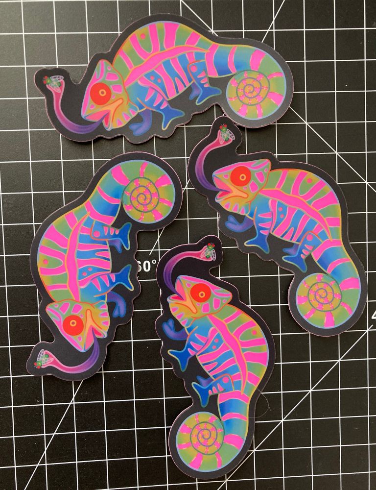 the same group of chameleon stickers, now all with solid pink stripes