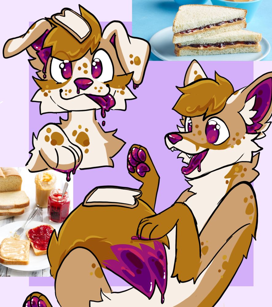 A furry drawing of a dog and a fox with peanut butter and bread style colouring with gooey jam/jelly accents (tongue, nose, eyes, paws). 