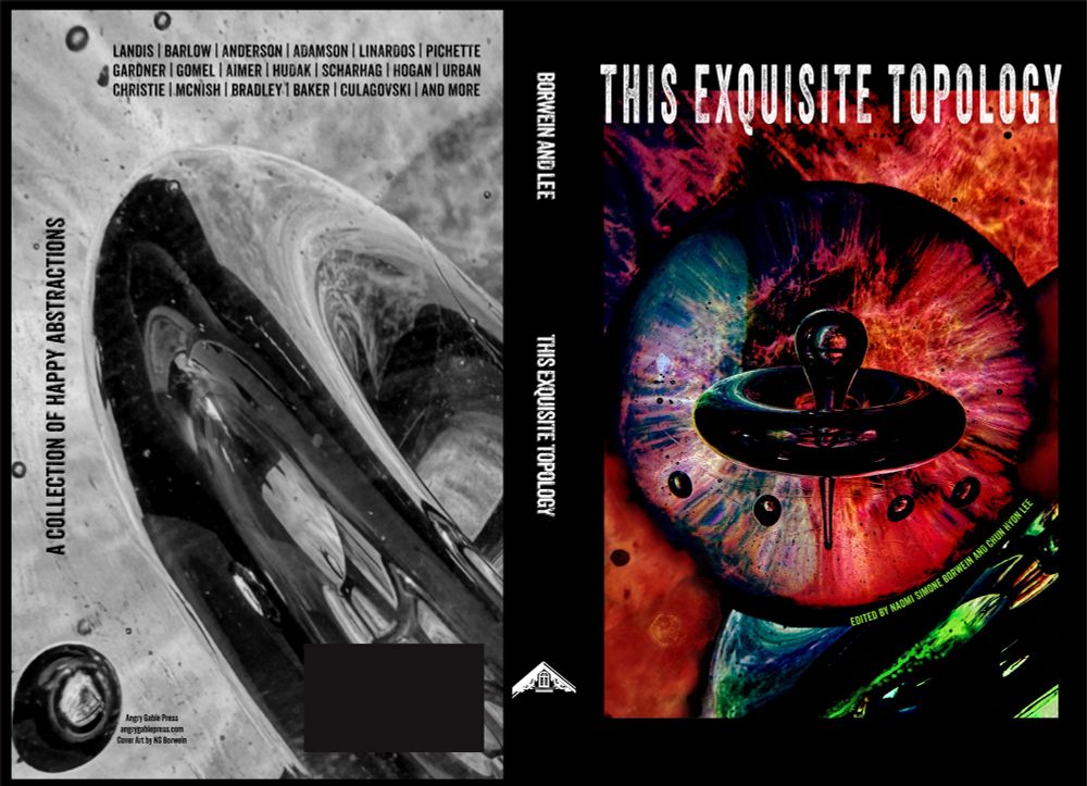 Full cover of this Exquisite Topology. A sphere orbiting a planet filled with various colors with fire in the background. 