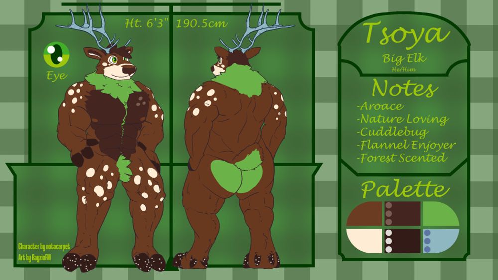 This is a ref sheet. This a Big Elk named Tsoya, pronouns he/him. The big guy stands at 6'3" for the imperials, or 190.5cm for the metric lovers. He's aroace, nature loving, a real cuddlebug, certified flannel enjoyer, and irradiates forest scents. This character is owned by Notacarpet, and is created by yours truly.