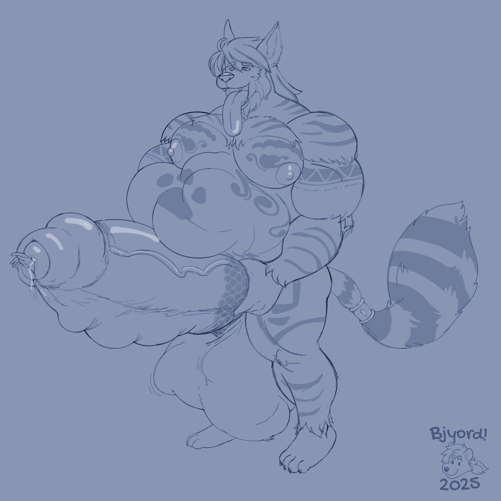 A hrothgar stands lolling his tongue from his mouth with a pleased expression. His gut and balls are full of prey and squirming, and his hyper dick is swallowing down one more. 