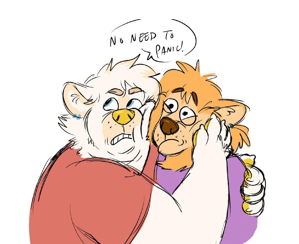 Randy holds his cousin Bjyord in a close and dramatic embrace, “No need to panic!” art by gnarstystuff