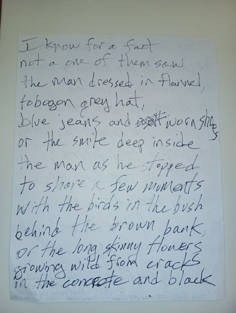 2nd page of poem
I know for a fact,
not a one of them saw
the man dressed in flannel,
toboggan grey hat,
blue jeans and worn shoes,
or the smile deep inside
the man as he stopped
to share a few moments
with the birds in the bush
behind the brown bank,
or the long skinny flowers
growing wild from cracks
in the concrete and black...