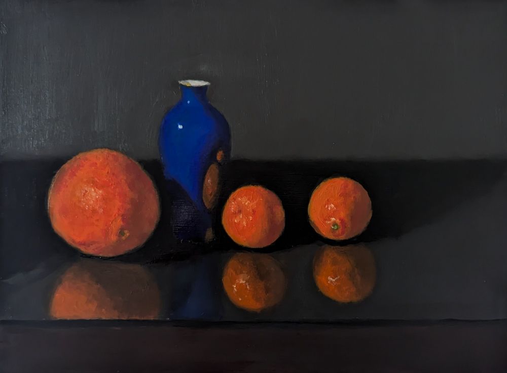 Painting of an orange and mandarins plus a blue vasd