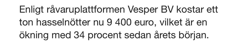 Enligt råvaruplattformen Vesper BV kostar ett ton hasselnötter nu 9 400 euro, vilket är en ökning med 34 procent sedan årets början.