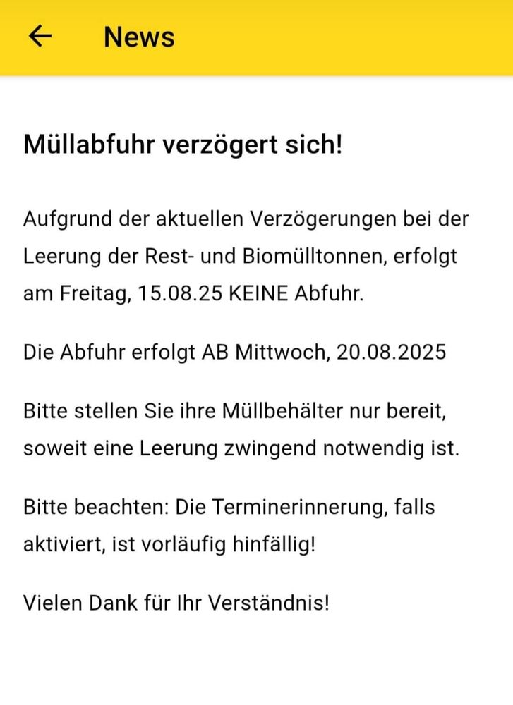 Das Bild einer Nachricht, das keine Müllabfuhr stattfinden wird.