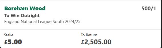 Boreham Wood to win the National League South bet