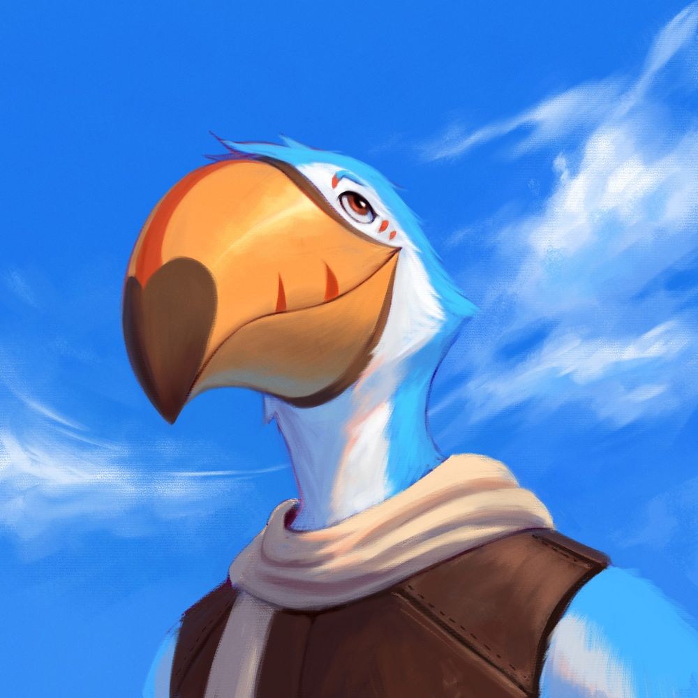 Painting of Alrik (my sona), a blue toucan looking up at the clean blue sky.