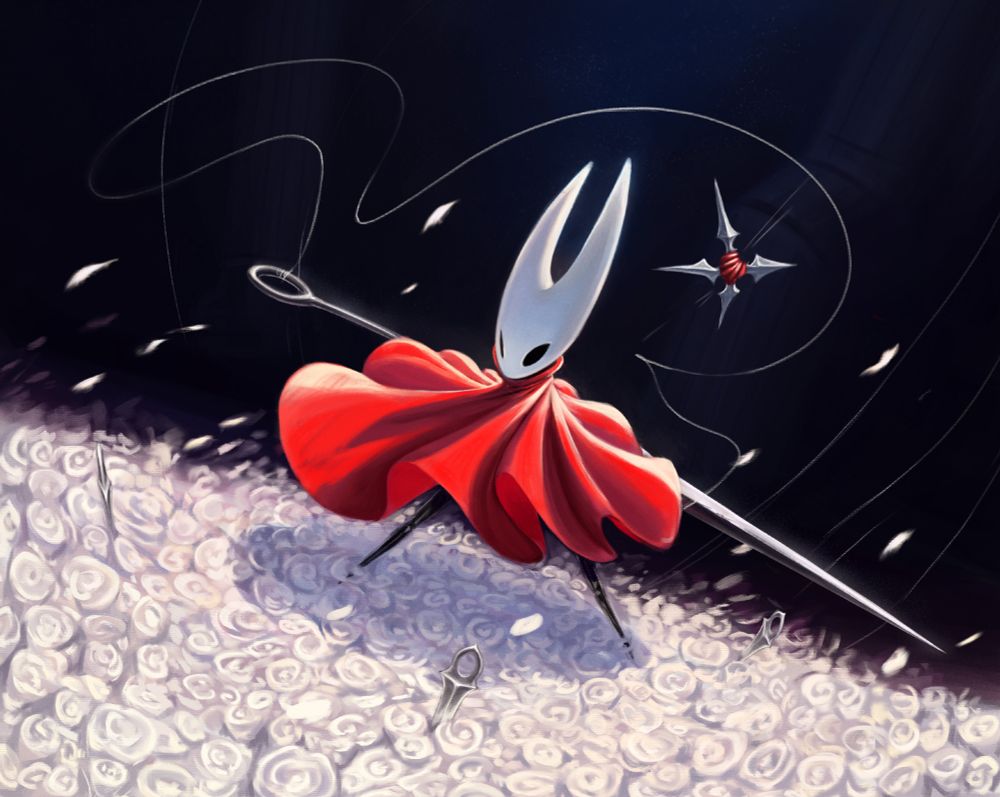 Digital Illustration of Hornet in a field of white flowers in a fighting stance, and with various tools of hers scattered about for the up coming fight.